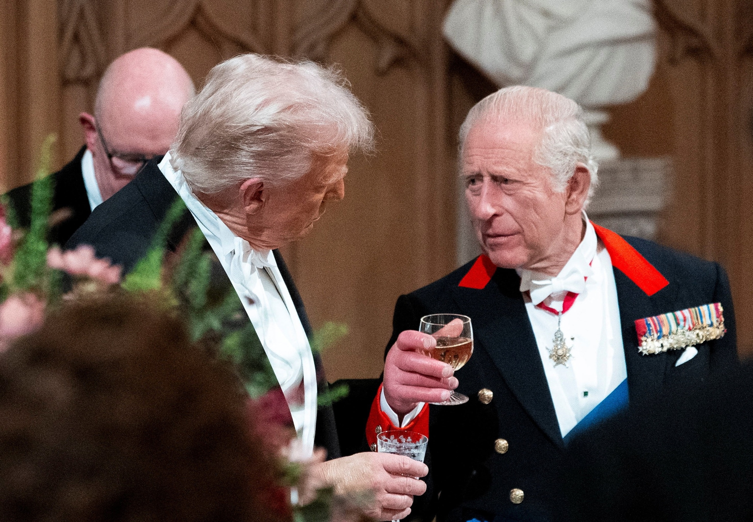 PHOTO: President Donald Trump and Britain's King Charles III toast during an official state banquet at Windsor Castle  in Windsor, Britain, September 17, 2025. 